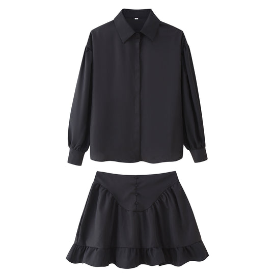 Damen Set aus eleganter Bluse mit Puffärmeln und schwingendem Rock EB