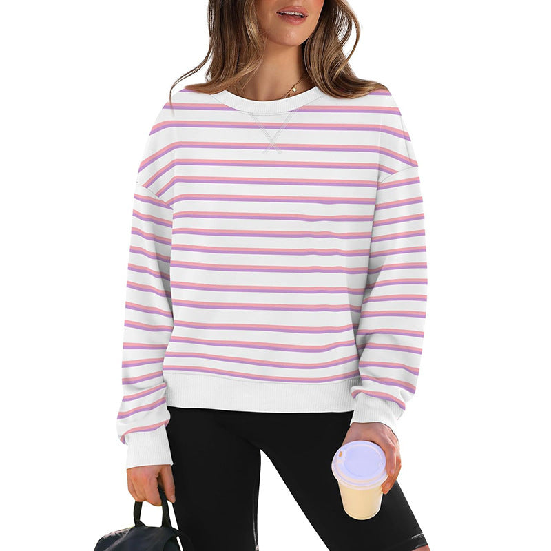 Damen lässiger Sweatshirt mit modernem Streifenmuster und Rundhalsausschnitt EB