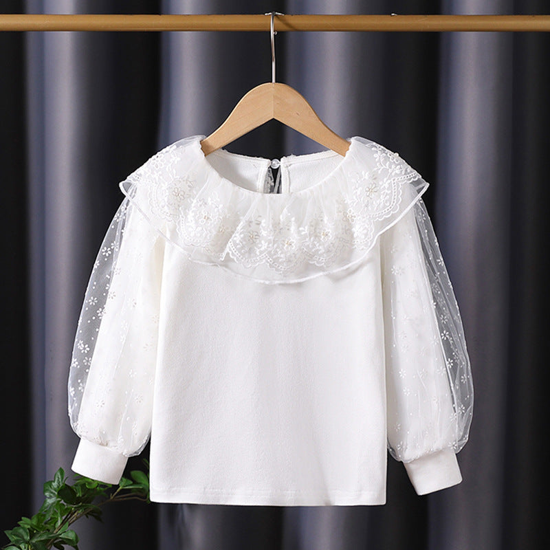 Mädchen Bluse mit floralem Tüllkragen und eleganten Puffärmeln EB