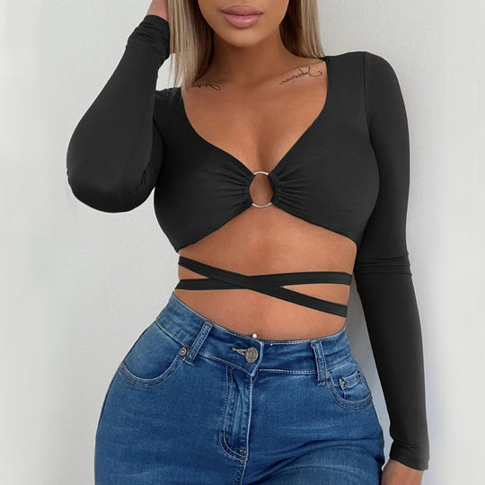 Damen Crop-Top mit verspieltem Ringdetails und langen Ärmeln EB