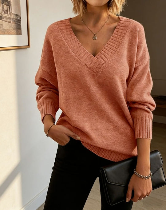 Damen Feinstrickpullover mit tiefem V-Ausschnitt und überschnittener Schulter EB