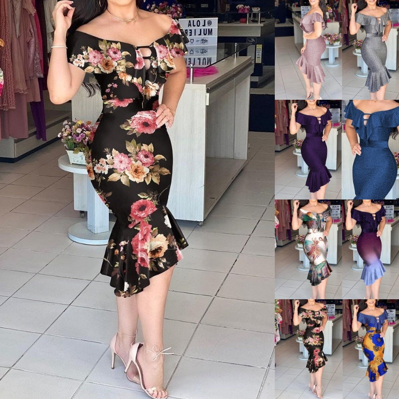 Damen Glitzerndes Midi-Kleid mit Rüschen und Schlitz EB