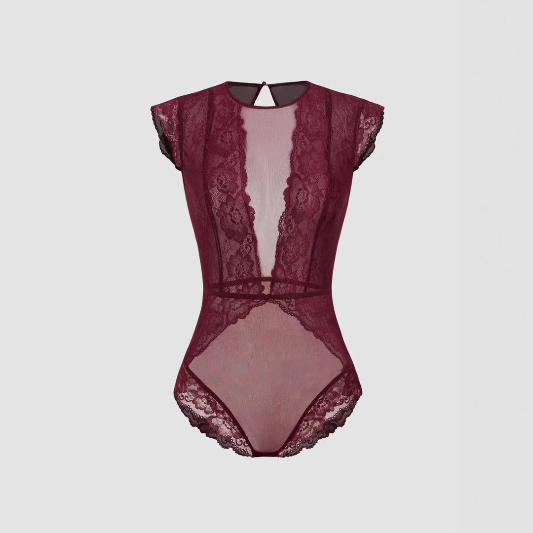 Damen Elegantes Spitzenbody mit tiefem V-Ausschnitt und zarten Rüschendetails EB