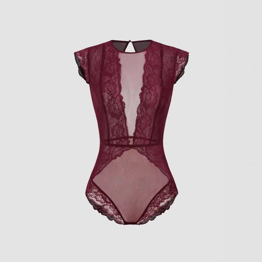 Damen Elegantes Spitzenbody mit tiefem V-Ausschnitt und zarten Rüschendetails EB