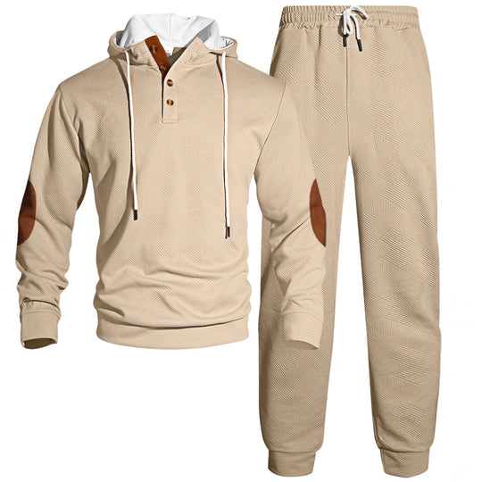 Herren nan Waffelstruktur Henley-Kapuzen-Set mit Holzknopfleiste Ellbogen-Patches und konischer Jogginghose EB