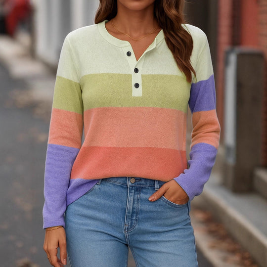 Damen Gestreifter Feinstrickpullover mit Henley-Knopfleiste EB