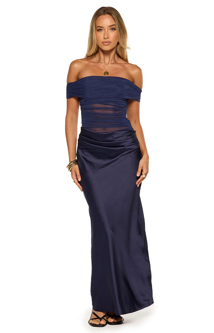 Damen elegantes schulterfreies Abendkleid mit figurformender Raffung und Satin-Finish EB