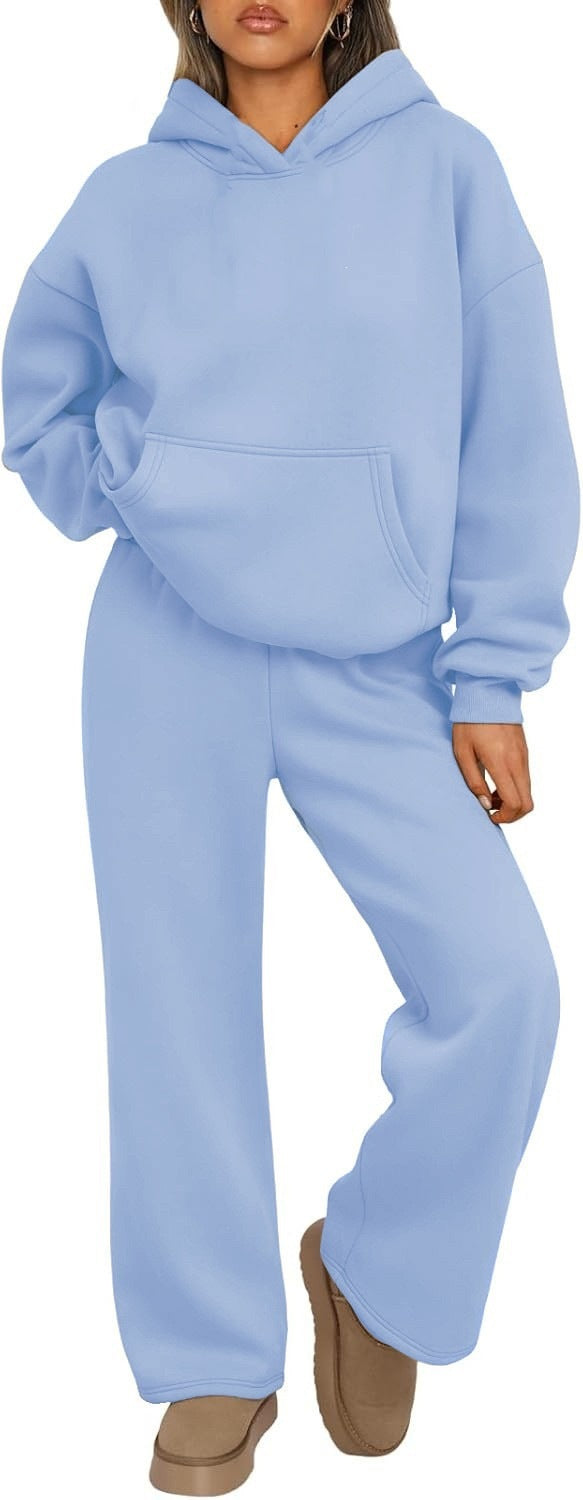 Damen nan Cozy-Loungewear-Set mit oversized Kapuzenpullover, Kängurutasche und weiten Palazzo-Jogginghose EB