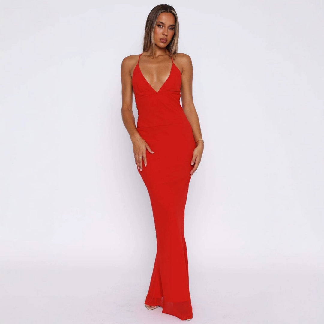 Damen Elegantes Maxikleid mit tiefem V-Ausschnitt und Spaghettiträgern EB