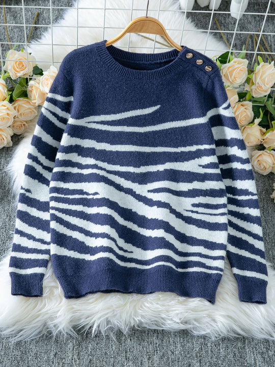 Damen gemütlicher Strickpullover mit modernem Zebrastreifen-Muster und komfortablem Schnitt EB