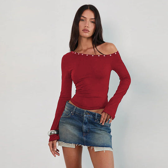 Damen Off-Shoulder Oberteil mit modischen Knöpfen und figurbetontem Schnitt EB