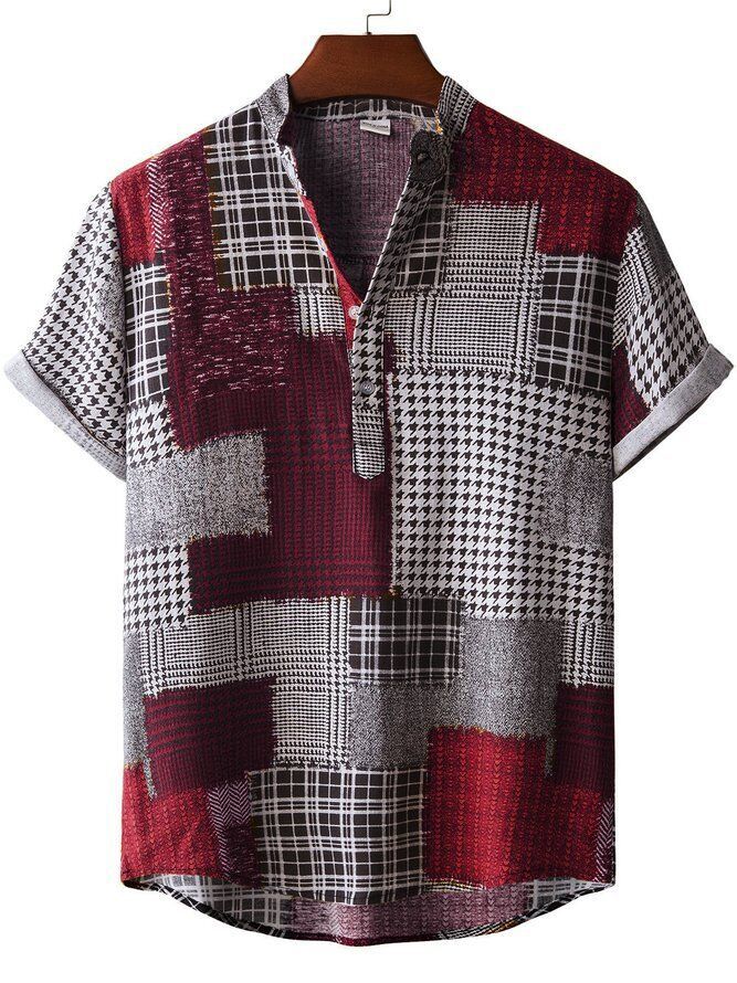 Herren Kurzarmhemd im kreativen Patchwork-Stil mit Knopfleiste EB