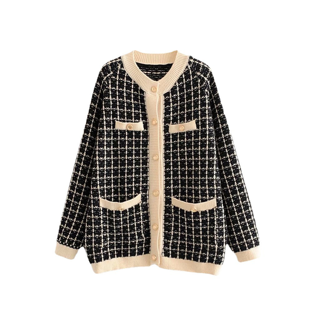 Damen Strickjacke mit Modischem Karomuster und Knopfdetails EB