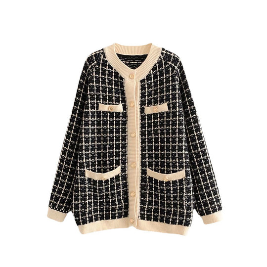 Damen Strickjacke mit Modischem Karomuster und Knopfdetails EB