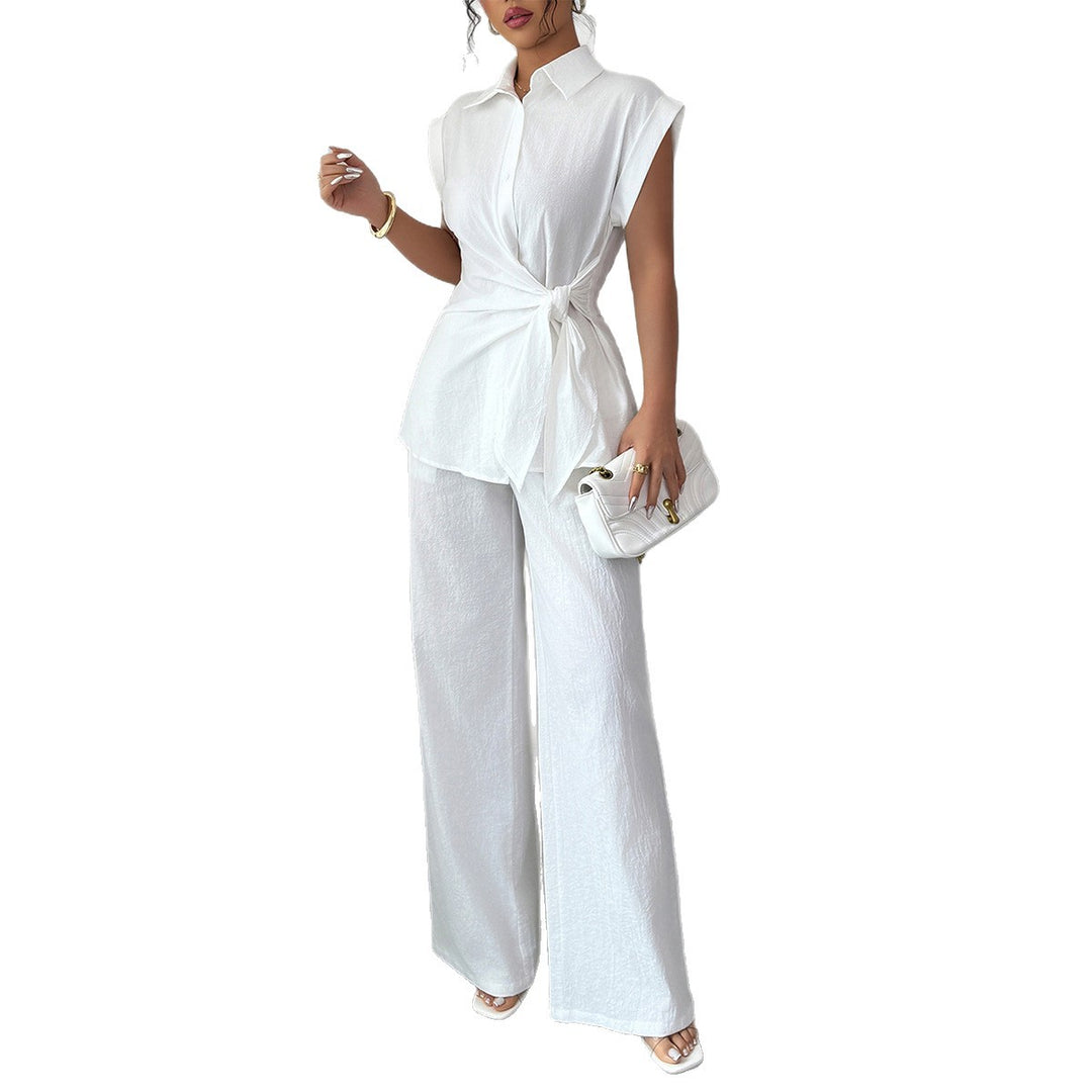 Damen elegantes Zweiteiliges Set mit taillierter Bluse und weit geschnittenen Hosen EB
