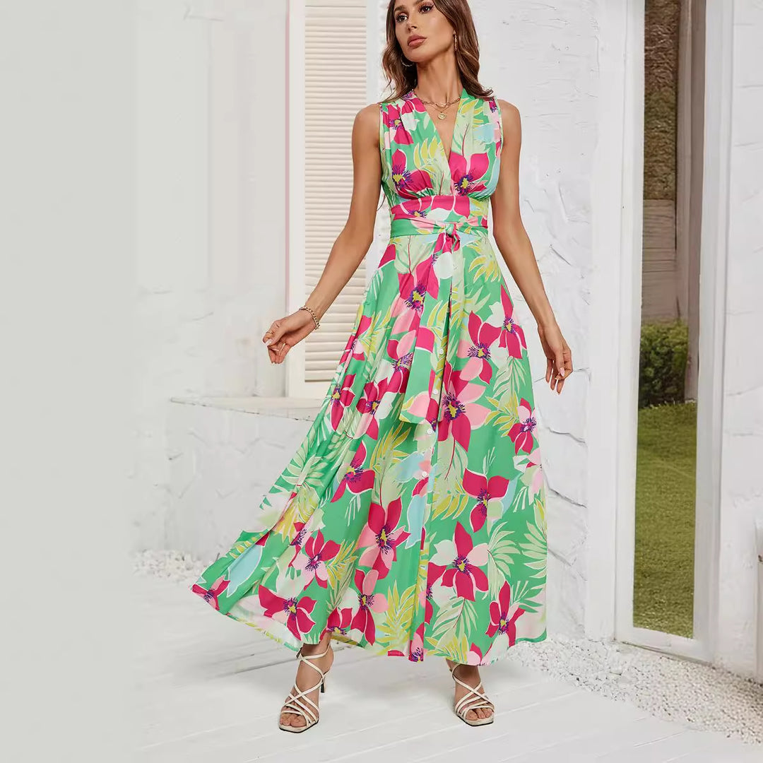 Damen Maxikleid mit tiefem V-Ausschnitt und Taillengürtel EB