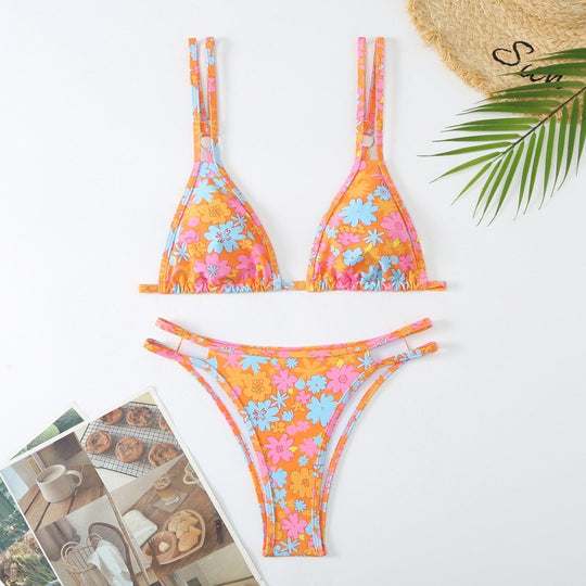 Damen Triangel-Bikini mit verspieltem Blumenmuster und raffinierten Schnürdetails EB