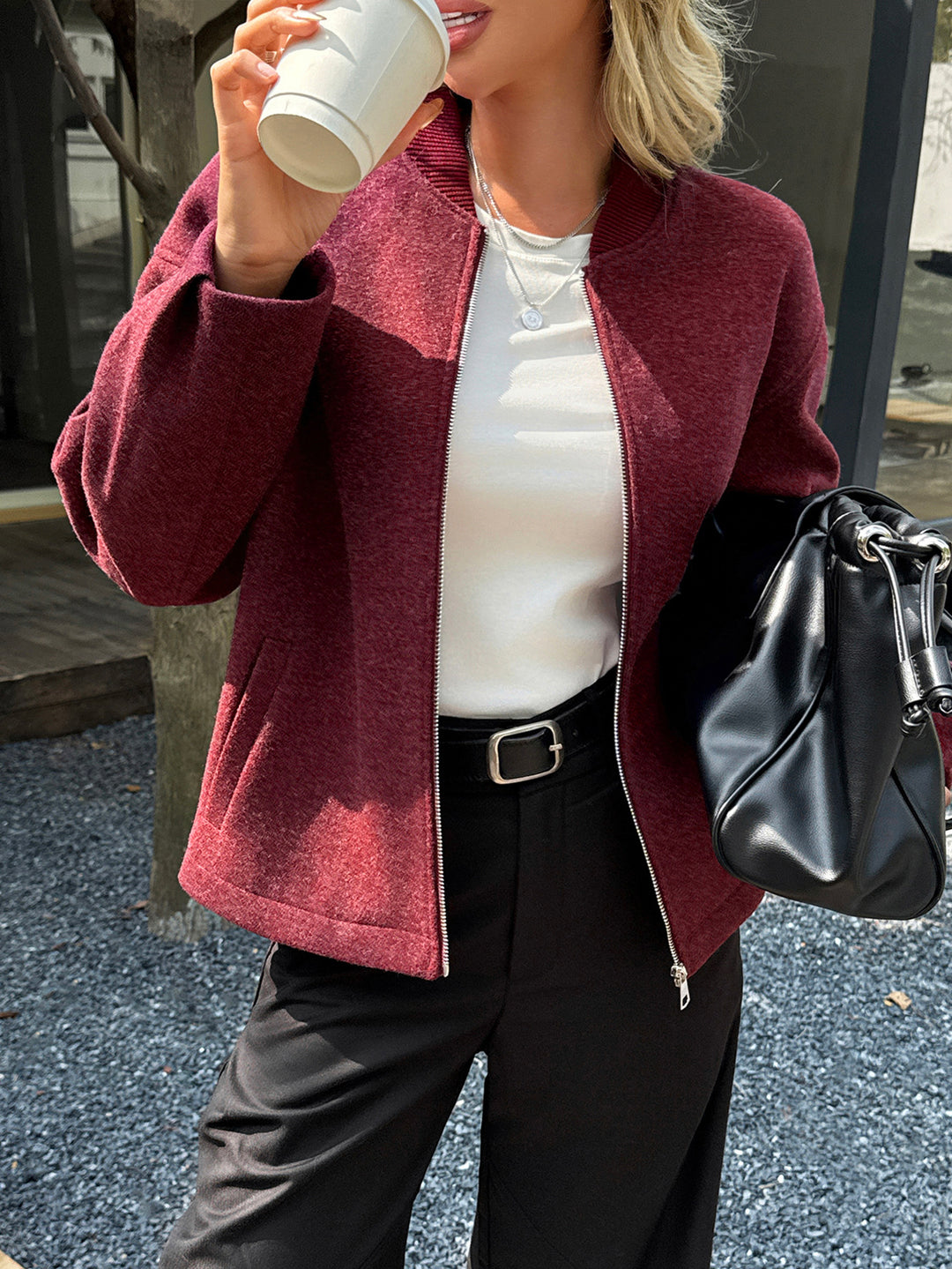 Damen nan leichte Fleece‑Bomberjacke mit Stehkragen, zweiseitigem Reißverschluss und lässiger Oversize‑Passform EB
