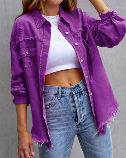 Damen Stylische Overshirt-Jacke mit fransigem Saum EB