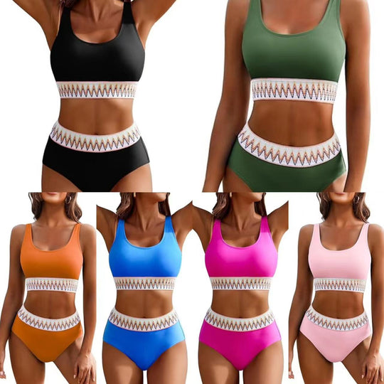 Damen Hochgeschnittener Sport-Bikini mit farbigem Bund EB