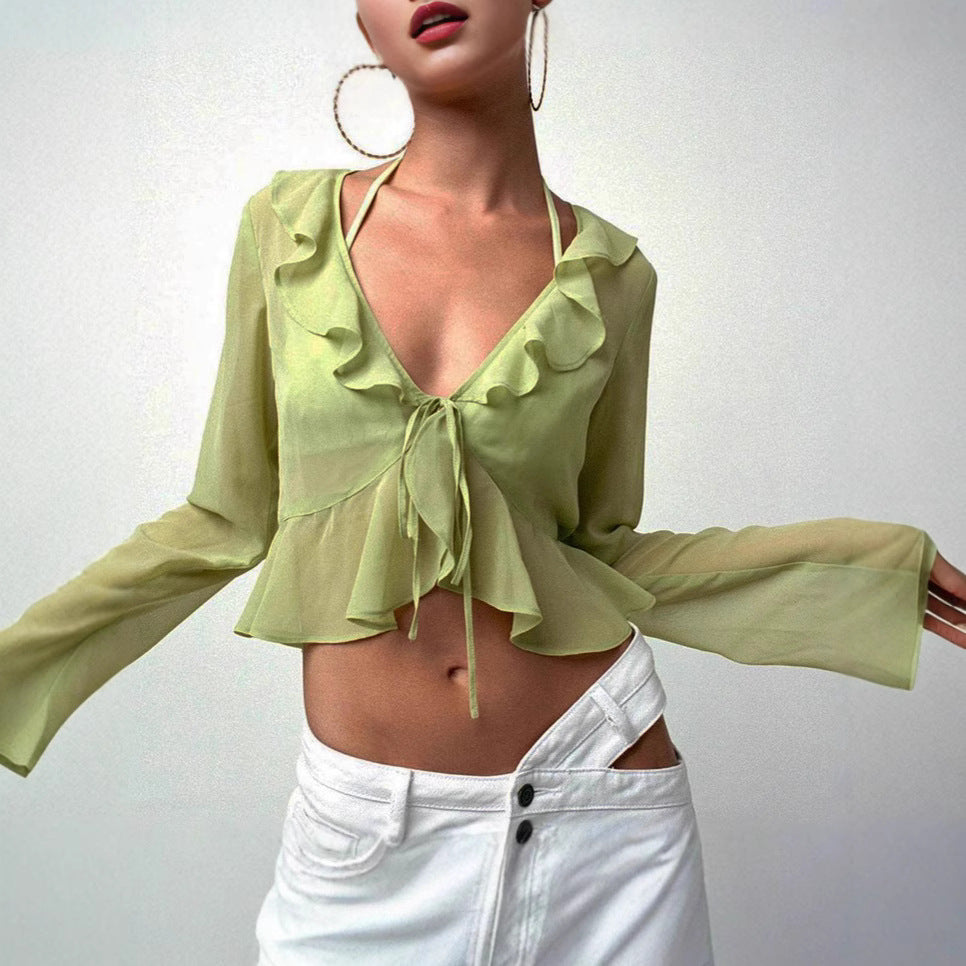 Damen Transparente Langarmbluse mit Rüschen und Bindegürtel EB