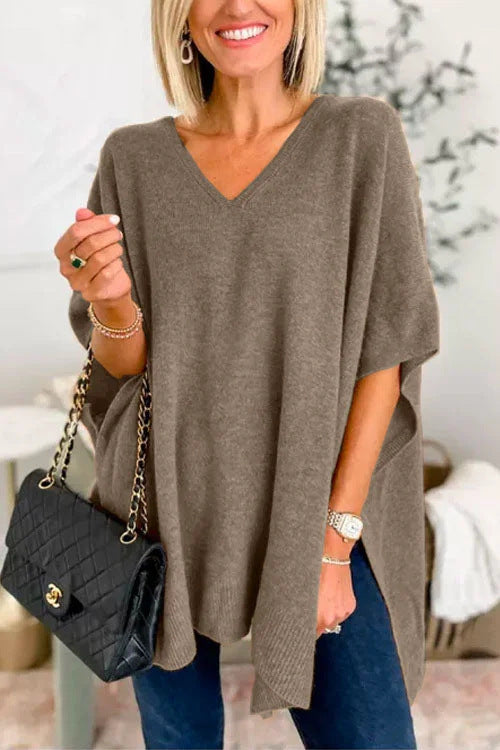 Damen lässiger Strickponcho mit V-Ausschnitt und überschnittenen Ärmeln EB