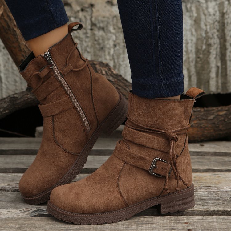 Damen nan knöchelhohe Velourslederoptik-Stiefelette mit Leopardenprint-Falte, seitlichem Reißverschluss und dekorativer Schnalle EB