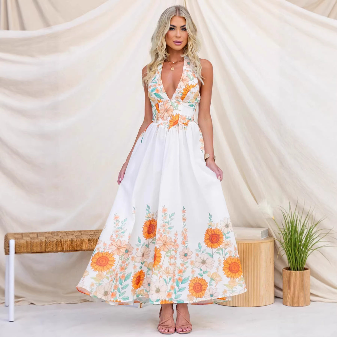 Damen Maxikleid mit tiefem V-Ausschnitt und floralem Print EB