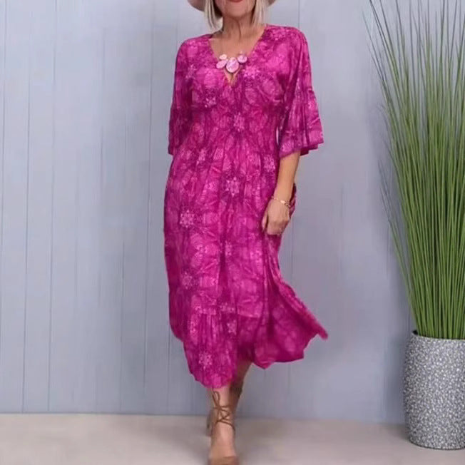 Damen nan fließendes Kaftan-Midikleid mit V-Ausschnitt, lockerer Silhouette, Stufenrock und dreiviertel-Ärmeln EB