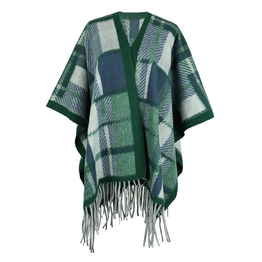 Damen eleganter Poncho mit modernem Karomuster und Fransen EB