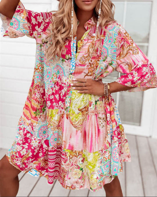 Damen nan Luftiges Stufenkleid im Patchwork-Boho-Stil mit Stehkragen, geraffter Taillennaht und Dreiviertelärmeln EB