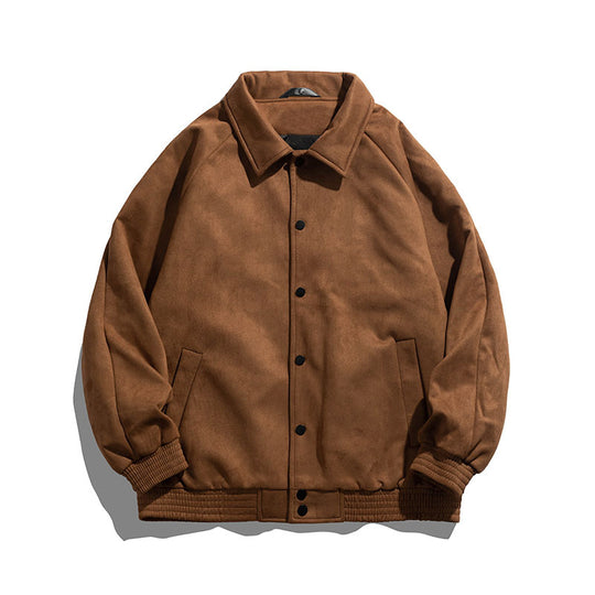 Unisex  oversized suede-effect bomber jacket with ribbed hem and snap front EB