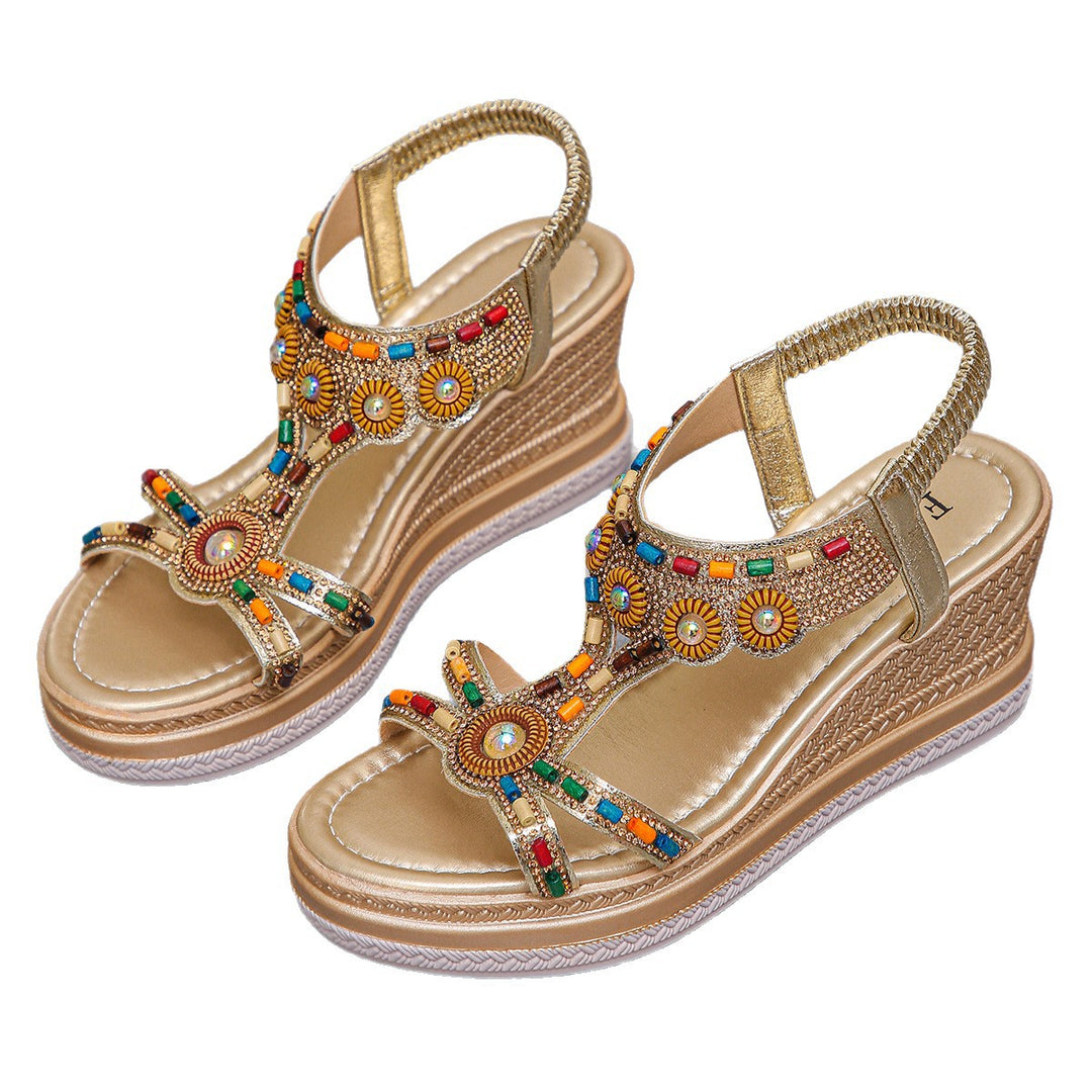 Damen Komfortable Wedge-Sandalen mit Dekorativem Schmuck EB