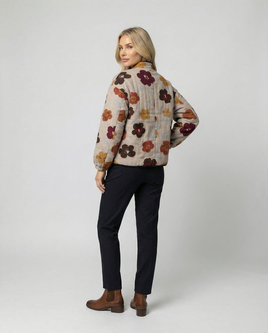 Damen kurze Blumenbouclé-Jacke mit Knebelverschluss und Ballonärmeln EB