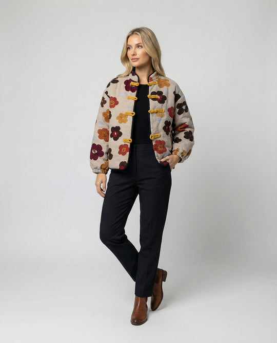Damen kurze Blumenbouclé-Jacke mit Knebelverschluss und Ballonärmeln EB