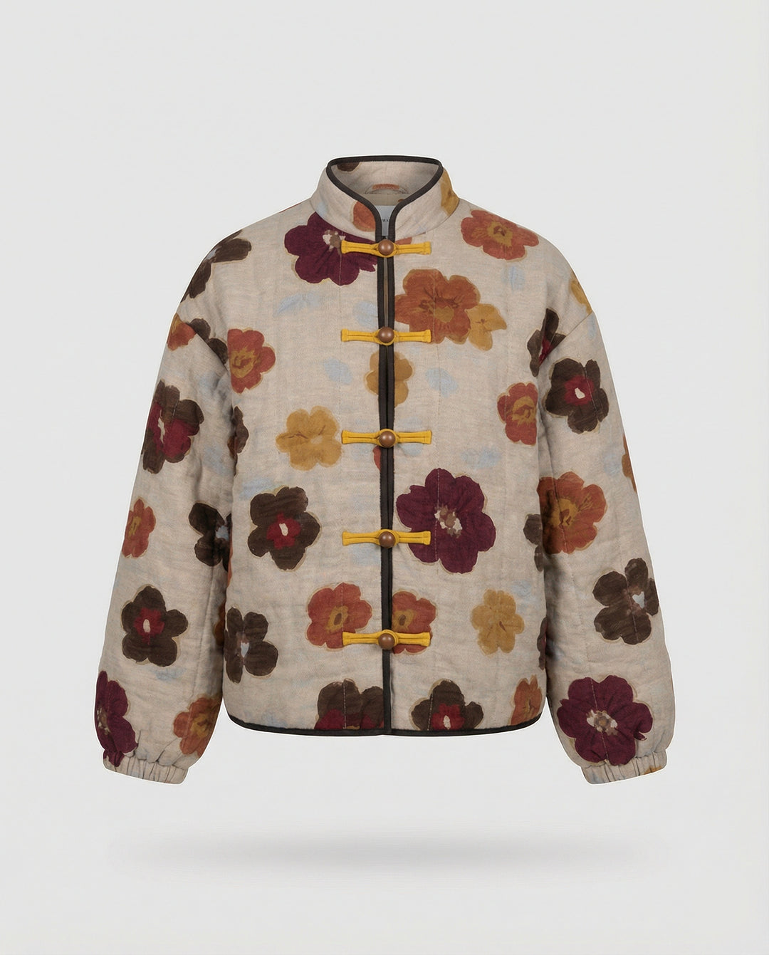 Damen kurze Blumenbouclé-Jacke mit Knebelverschluss und Ballonärmeln EB