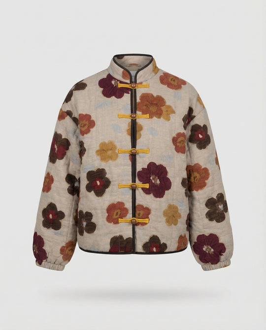 Damen kurze Blumenbouclé-Jacke mit Knebelverschluss und Ballonärmeln EB