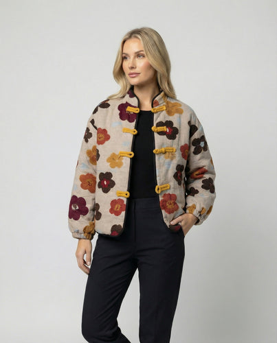 Damen kurze Blumenbouclé-Jacke mit Knebelverschluss und Ballonärmeln EB