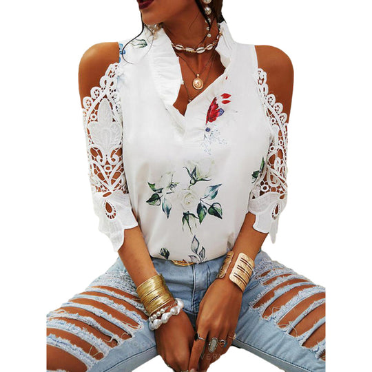 Damen Bluse mit Cut-Out-Ärmeln und floralem Design EB