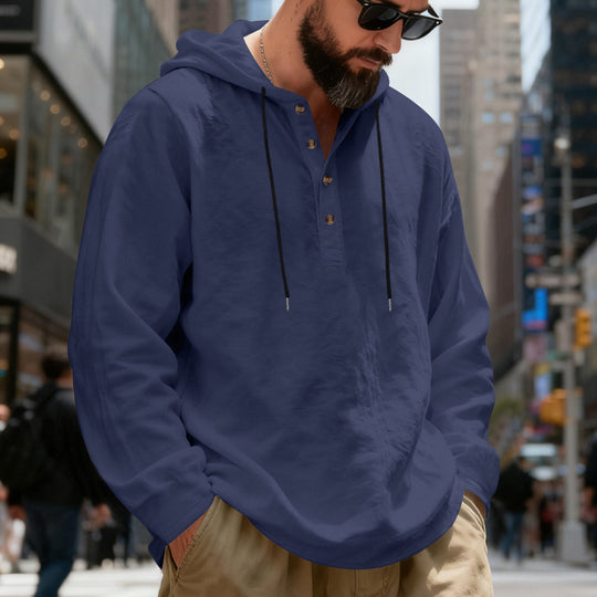 Herren nan legeres Henley-Kapuzenhemd mit Knopfleiste, Kordelzug und gerundetem Saum EB