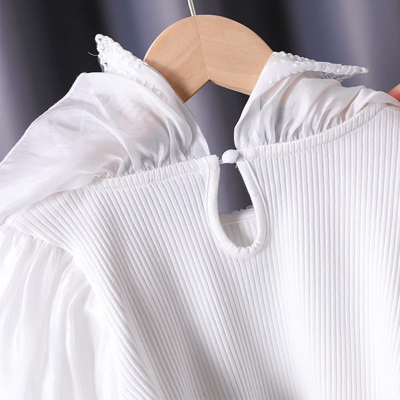Damen elegante Bluse mit romantischem Spitzenkragen und Rüschendetails EB