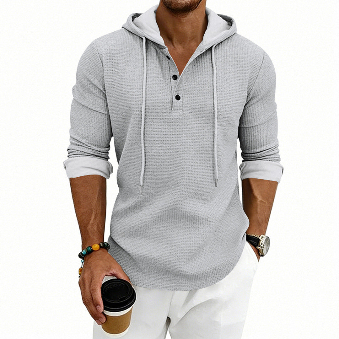 Herren Waffelstrick-Henley-Hoodie mit Knopfleiste und Kapuze EB