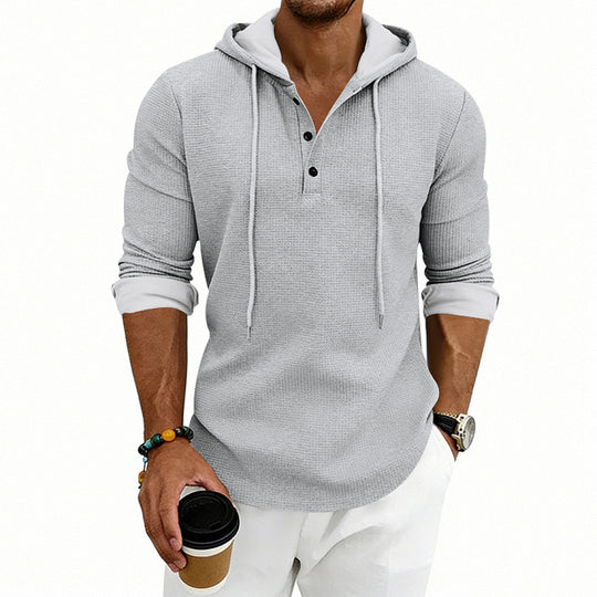 Herren Waffelstrick-Henley-Hoodie mit Knopfleiste und Kapuze EB