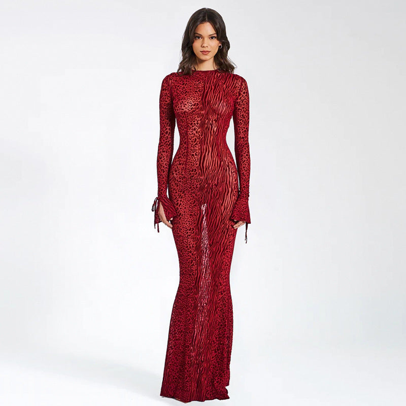 Damen Figurbetontes Maxikleid mit tierischem Muster und weiten Ärmeln EB