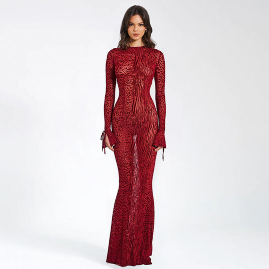 Damen Figurbetontes Maxikleid mit tierischem Muster und weiten Ärmeln EB