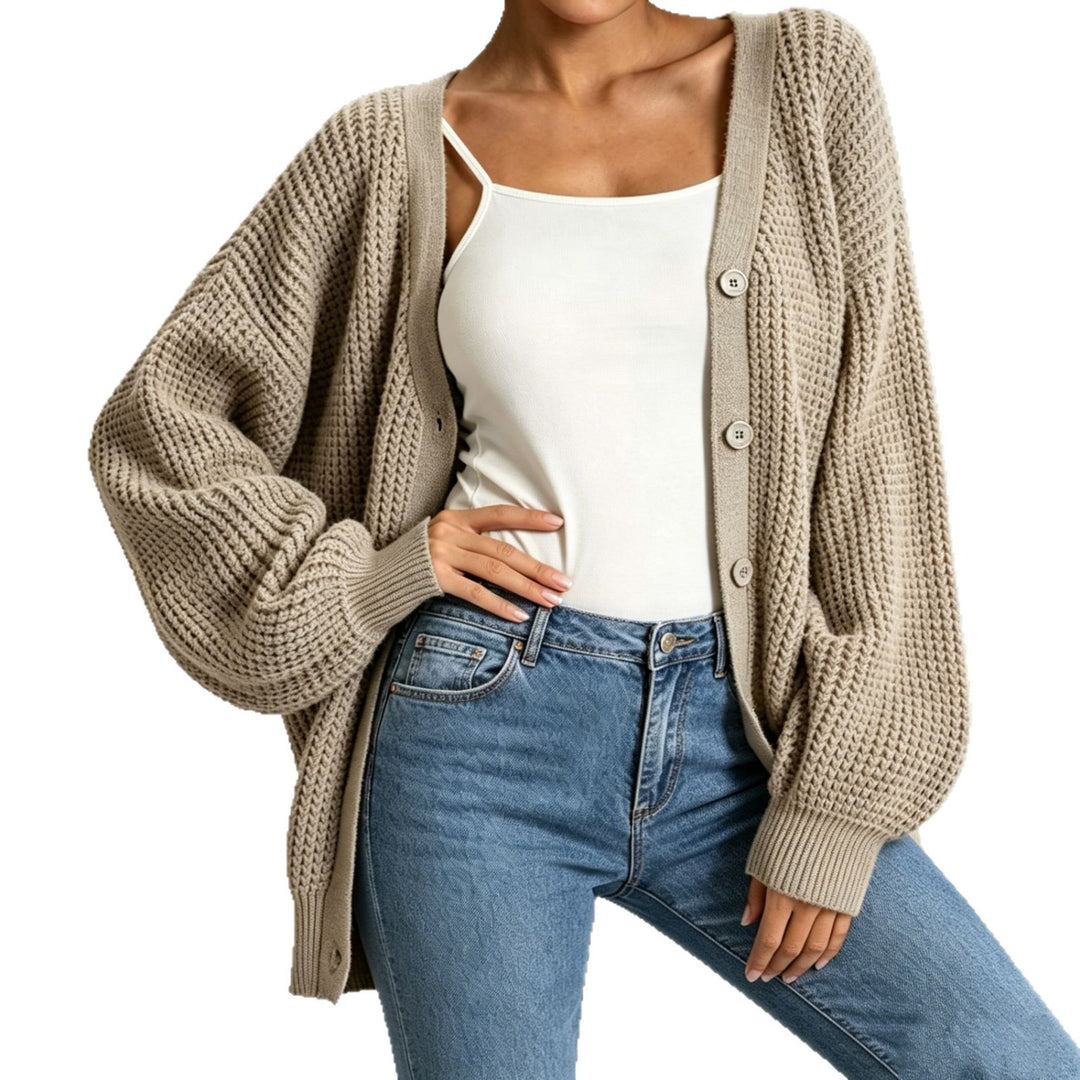 Damen Oversize Grobstrick-Cardigan mit Ballonärmeln und Knopfleiste EB
