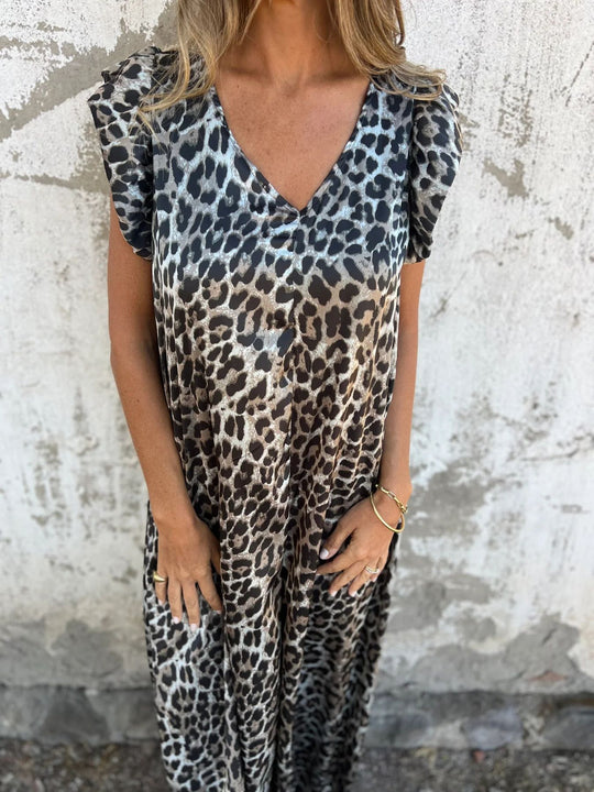 Damen Leopardenmuster Kleid mit schickem V-Ausschnitt EB