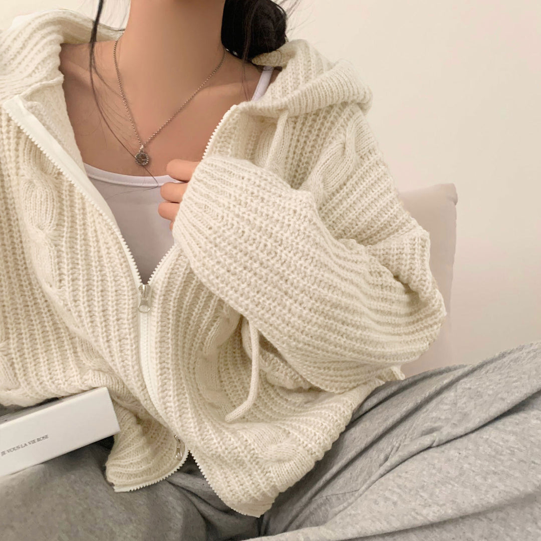 Damen Bequemer Strickjacke mit Kapuze und Reißverschluss EB