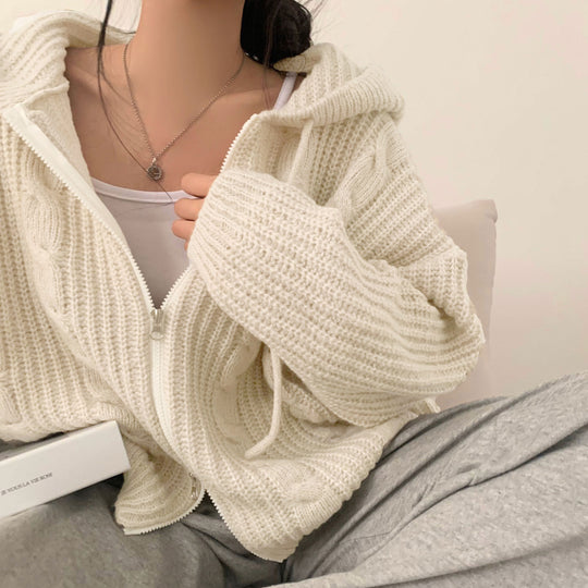Damen Bequemer Strickjacke mit Kapuze und Reißverschluss EB