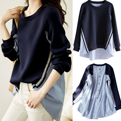 Damen nan Lagenlook-Sweatshirt mit gestreiftem Hemdsaum, Zierriegeln und verlängertem Rückteil EB